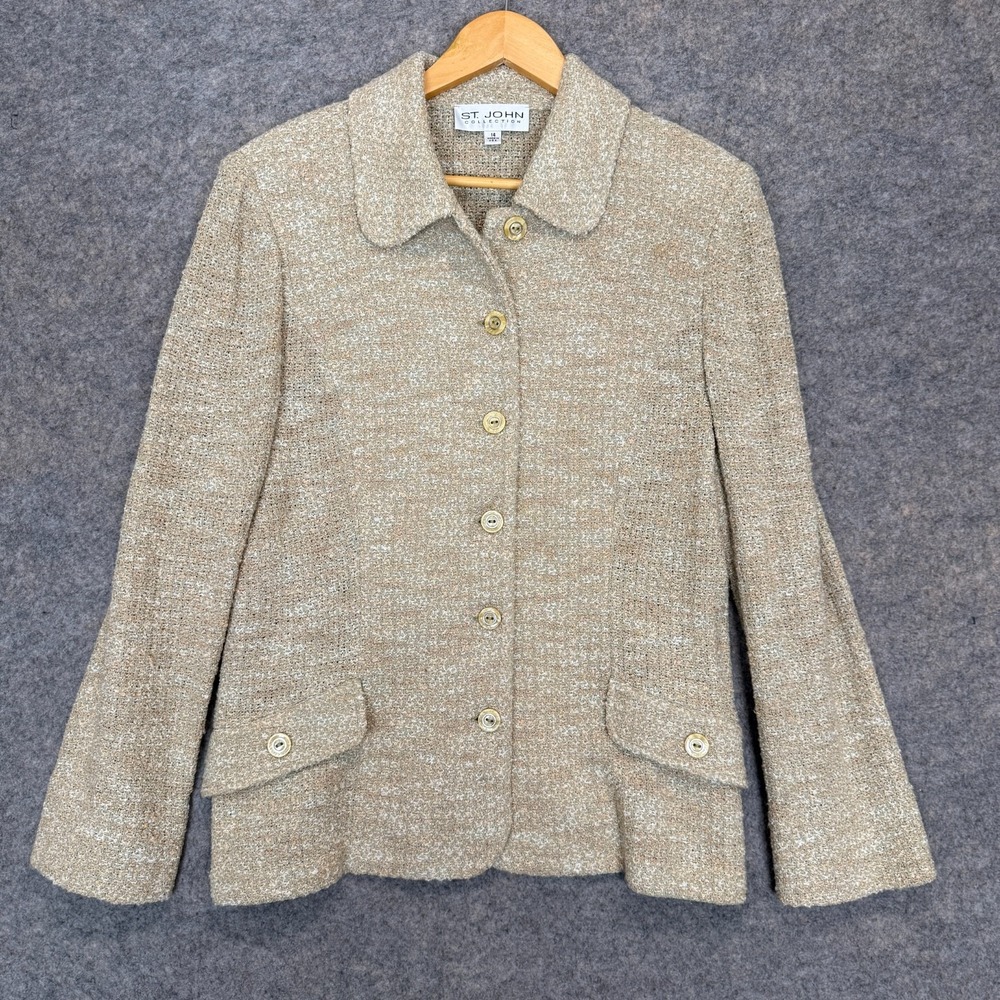 St. John Collection Tweed Knit Jacket Womens 14 Button Peter Pan Collar Flap USA